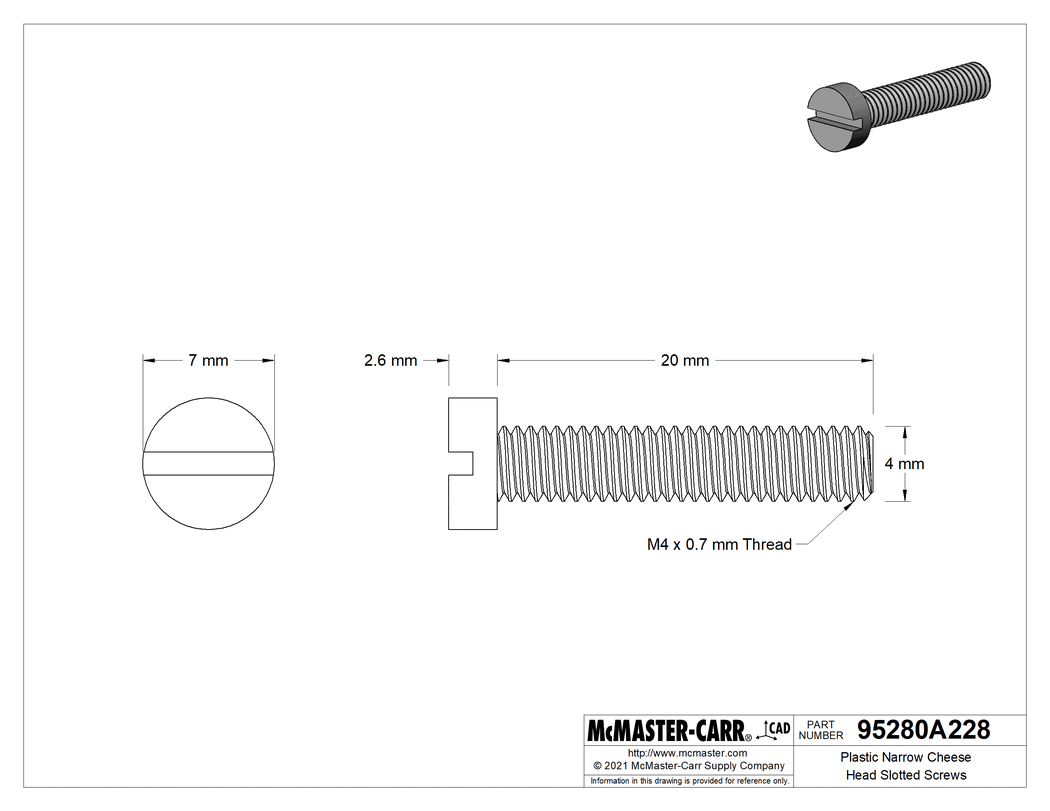 Technical Drawing of Narrow Cheese Head Slotted Screws, Plastic, M4 x 0.70 mm Thread, 20mm Long.